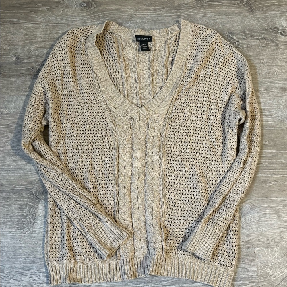 Lane Bryant Beige Cable Knit V-Neck Sweater